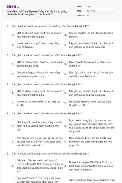Câu hỏi ôn thi Trạng Nguyên Tiếng Việt lớp 5 Câu ghép, cách nối các vế câu ghép có đáp án - Đề 1