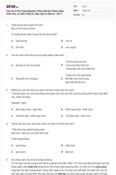 Câu hỏi ôn thi Trạng Nguyên Tiếng Việt lớp 5 Biện pháp nhân hóa, so sánh, điệp từ, điệp ngữ có đáp án - Đề 3