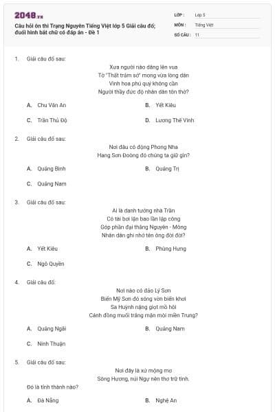 Câu hỏi ôn thi Trạng Nguyên Tiếng Việt lớp 5 Giải câu đố; đuổi hình bắt chữ có đáp án - Đề 1