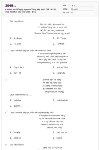 Câu hỏi ôn thi Trạng Nguyên Tiếng Việt lớp 5 Giải câu đố; đuổi hình bắt chữ có đáp án - Đề 2