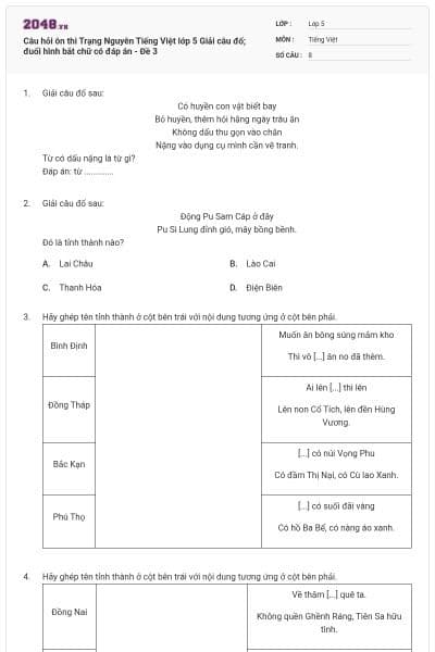 Câu hỏi ôn thi Trạng Nguyên Tiếng Việt lớp 5 Giải câu đố; đuổi hình bắt chữ có đáp án - Đề 3