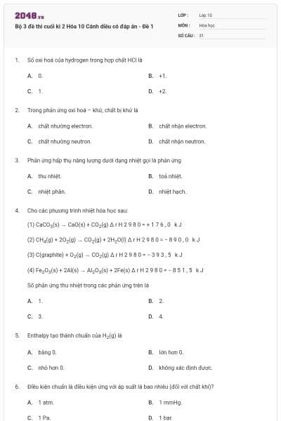 Bộ 3 đề thi cuối kì 2 Hóa 10 Cánh diều có đáp án - Đề 1