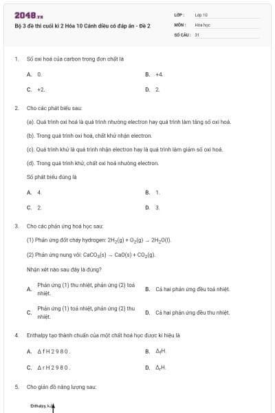 Bộ 3 đề thi cuối kì 2 Hóa 10 Cánh diều có đáp án - Đề 2