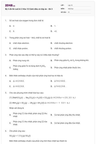 Bộ 3 đề thi cuối kì 2 Hóa 10 Cánh diều có đáp án - Đề 3