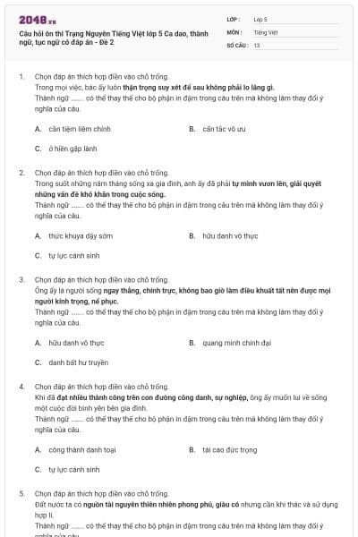 Câu hỏi ôn thi Trạng Nguyên Tiếng Việt lớp 5 Ca dao, thành ngữ, tục ngữ có đáp án - Đề 2