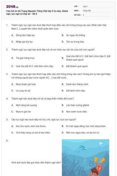 Câu hỏi ôn thi Trạng Nguyên Tiếng Việt lớp 5 Ca dao, thành ngữ, tục ngữ có đáp án - Đề 6