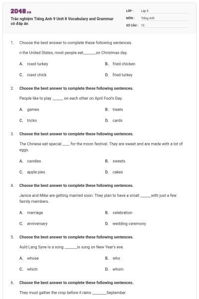 Trắc nghiệm Tiếng Anh 9 Unit 8 Vocabulary and Grammar có đáp án