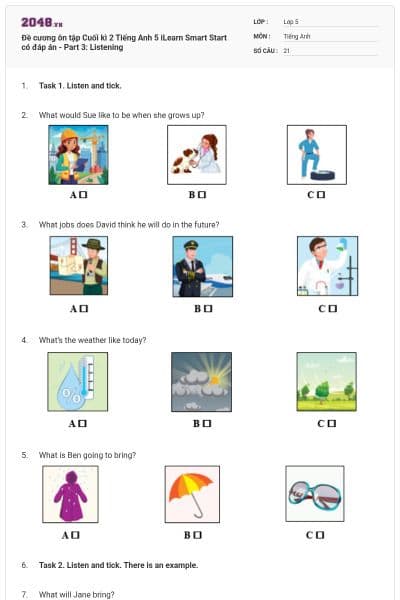 Đề cương ôn tập Cuối kì 2 Tiếng Anh 5 iLearn Smart Start có đáp án - Part 3: Listening