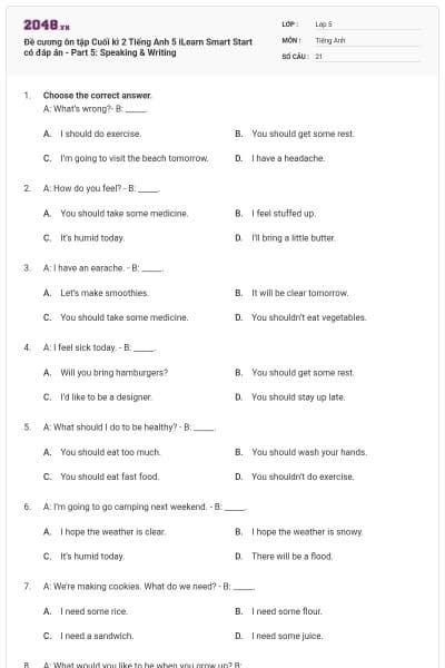 Đề cương ôn tập Cuối kì 2 Tiếng Anh 5 iLearn Smart Start có đáp án - Part 5: Speaking & Writing