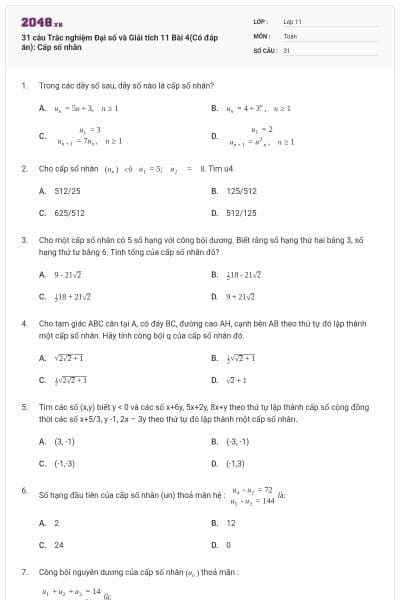 31 câu Trắc nghiệm Đại số và Giải tích 11 Bài 4(Có đáp án): Cấp số nhân