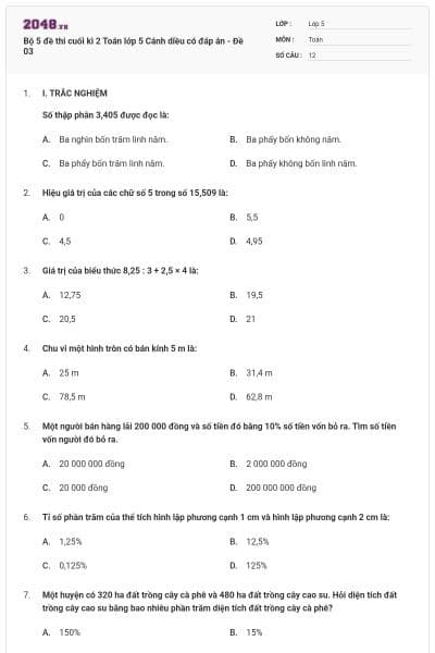 Bộ 5 đề thi cuối kì 2 Toán lớp 5 Cánh diều có đáp án - Đề 03