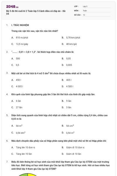 Bộ 5 đề thi cuối kì 2 Toán lớp 5 Cánh diều có đáp án - Đề 04
