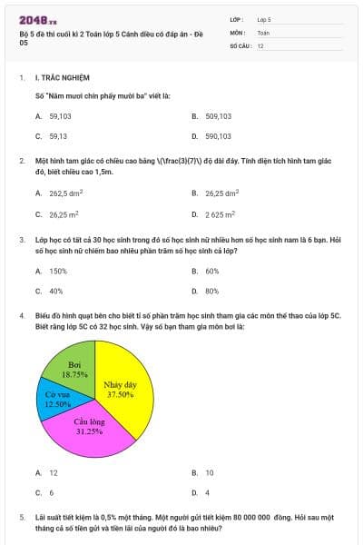 Bộ 5 đề thi cuối kì 2 Toán lớp 5 Cánh diều có đáp án - Đề 05