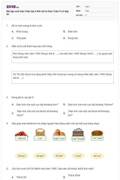 Bài tập cuối tuần Toán lớp 4 Kết nối tri thức Tuần 9 có đáp án