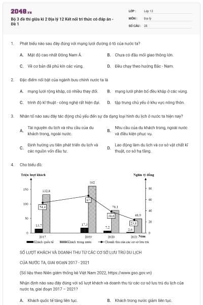 Bộ 3 đề thi giữa kì 2 Địa lý 12 Kết nối tri thức có đáp án - Đề 1