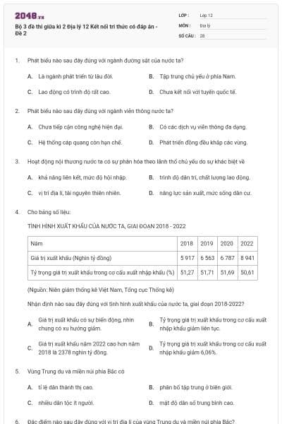 Bộ 3 đề thi giữa kì 2 Địa lý 12 Kết nối tri thức có đáp án - Đề 2