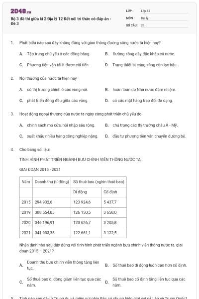 Bộ 3 đề thi giữa kì 2 Địa lý 12 Kết nối tri thức có đáp án - Đề 3