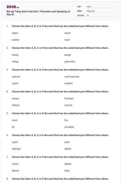 Bài tập Tiếng Anh 8 mới Unit 1 Phonetics and Speaking có đáp án