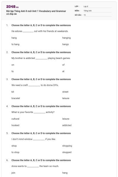 Bài tập Tiếng Anh 8 mới Unit 1 Vocabulary and Grammar có đáp án