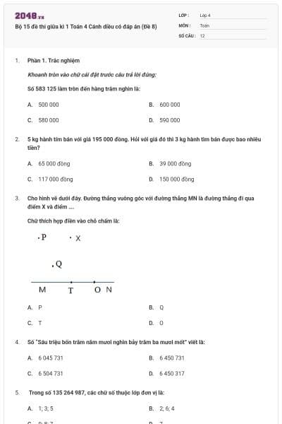 Bộ 15 đề thi giữa kì 1 Toán 4 Cánh diều có đáp án (Đề 8)