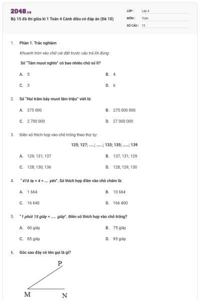 Bộ 15 đề thi giữa kì 1 Toán 4 Cánh diều có đáp án (Đề 10)