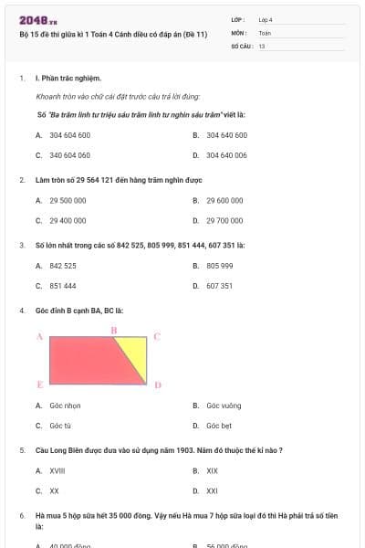 Bộ 15 đề thi giữa kì 1 Toán 4 Cánh diều có đáp án (Đề 11)