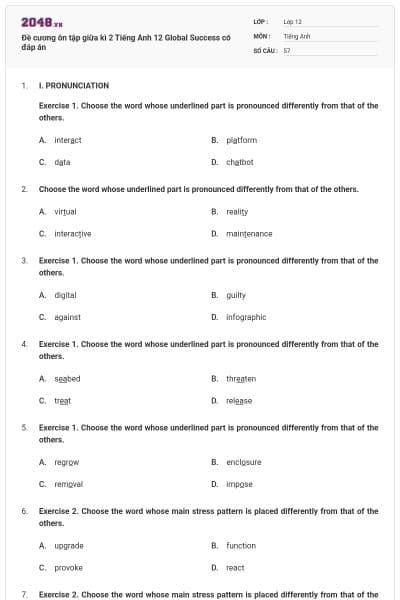 Đề cương ôn tập giữa kì 2 Tiếng Anh 12 Global Success có đáp án
