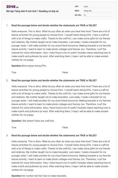 Bài tập Tiếng Anh 8 mới Unit 1 Reading có đáp án