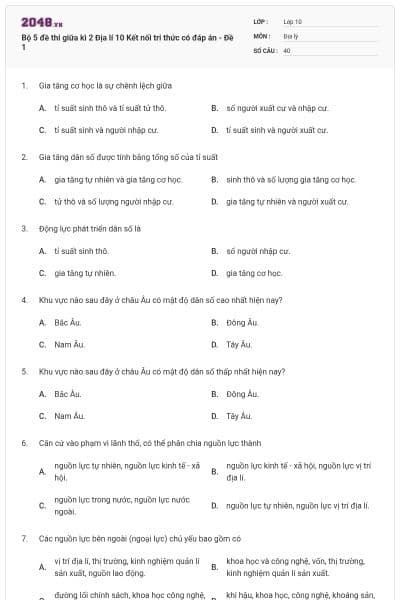 Bộ 5 đề thi giữa kì 2 Địa lí 10 Kết nối tri thức có đáp án - Đề 1