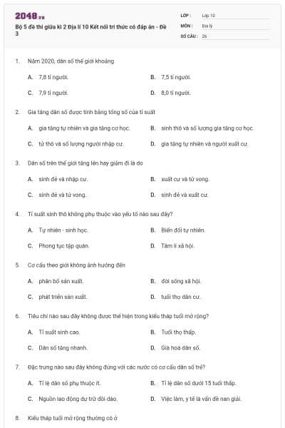 Bộ 5 đề thi giữa kì 2 Địa lí 10 Kết nối tri thức có đáp án - Đề 3