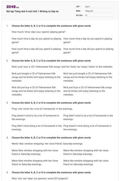 Bài tập Tiếng Anh 8 mới Unit 1 Writing có đáp án