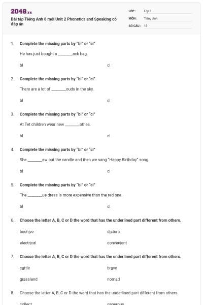 Bài tập Tiếng Anh 8 mới Unit 2 Phonetics and Speaking có đáp án