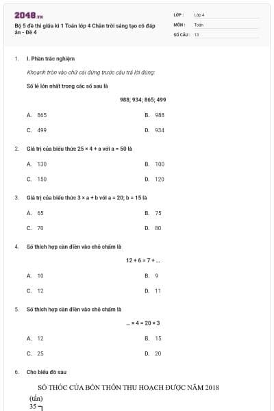 Bộ 5 đề thi giữa kì 1 Toán lớp 4 Chân trời sáng tạo có đáp án - Đề 4