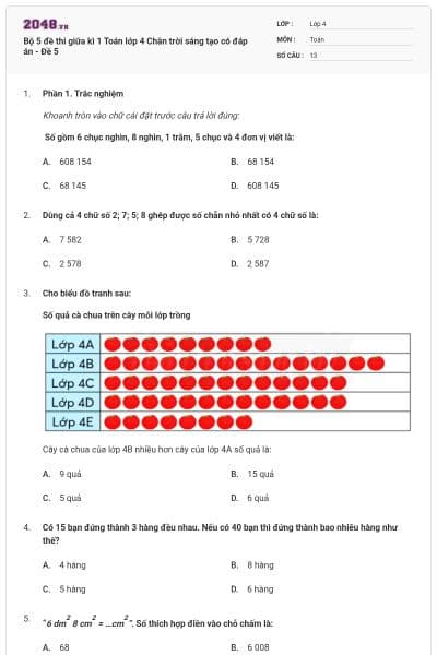 Bộ 5 đề thi giữa kì 1 Toán lớp 4 Chân trời sáng tạo có đáp án - Đề 5
