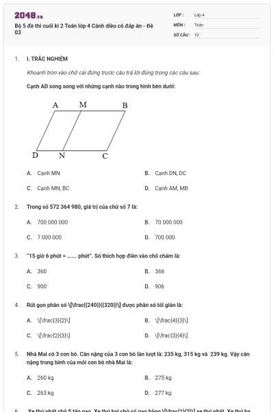 Bộ 5 đề thi cuối kì 2 Toán lớp 4 Cánh diều có đáp án - Đề 03