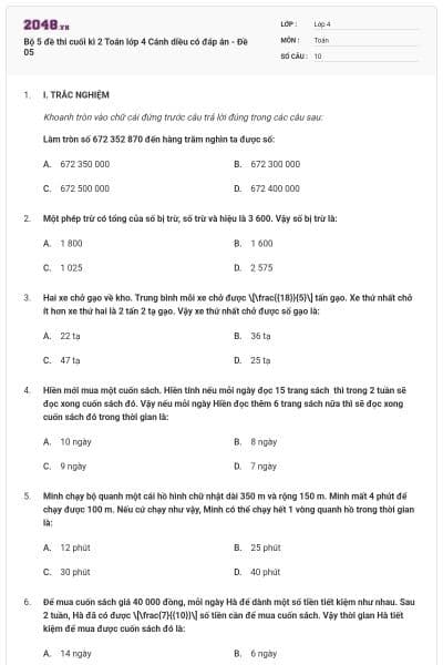 Bộ 5 đề thi cuối kì 2 Toán lớp 4 Cánh diều có đáp án - Đề 05