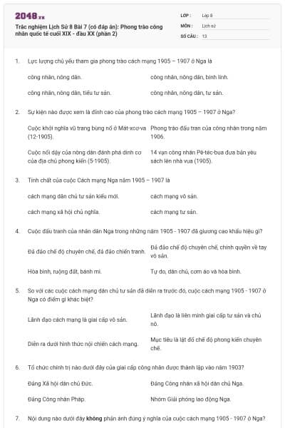 Trắc nghiệm Lịch Sử 8 Bài 7 (có đáp án): Phong trào công nhân quốc tế cuối XIX - đầu XX (phần 2)