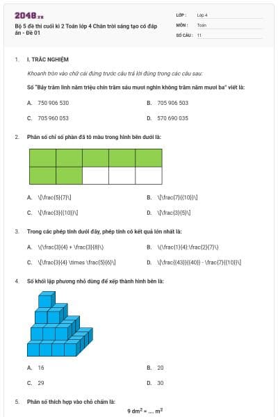 Bộ 5 đề thi cuối kì 2 Toán lớp 4 Chân trời sáng tạo có đáp án - Đề 01