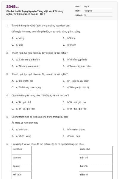 Câu hỏi ôn thi Trạng Nguyên Tiếng Việt lớp 4 Từ cùng nghĩa, Từ trái nghĩa có đáp án - Đề 3