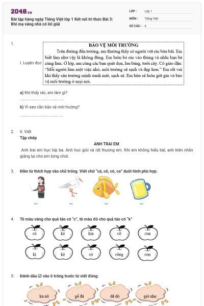Bài tập hàng ngày Tiếng Việt lớp 1 Kết nối tri thức Bài 3: Khi mẹ vắng nhà có lời giải