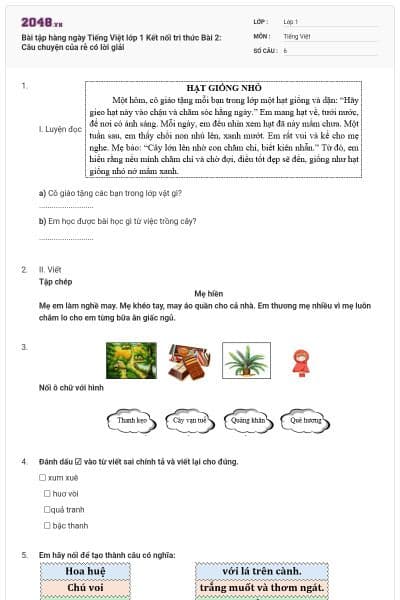 Bài tập hàng ngày Tiếng Việt lớp 1 Kết nối tri thức Bài 2: Câu chuyện của rễ có lời giải