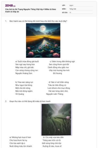 Câu hỏi ôn thi Trạng Nguyên Tiếng Việt lớp 4 Miêu tả theo tranh có đáp án