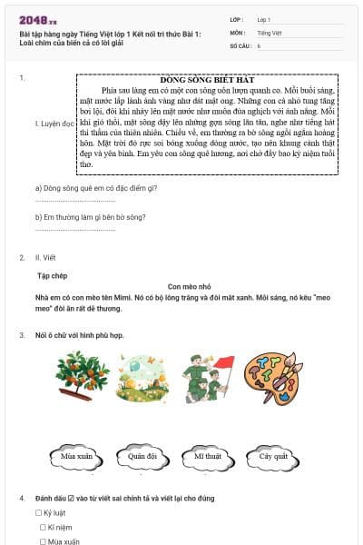 Bài tập hàng ngày Tiếng Việt lớp 1 Kết nối tri thức Bài 1: Loài chim của biển cả có lời giải