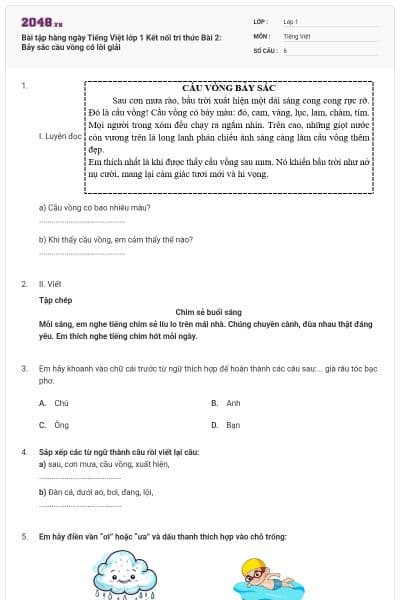 Bài tập hàng ngày Tiếng Việt lớp 1 Kết nối tri thức Bài 2: Bảy sắc cầu vồng có lời giải