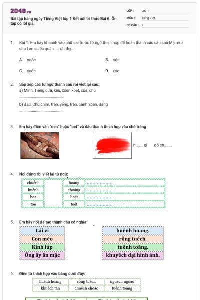 Bài tập hàng ngày Tiếng Việt lớp 1 Kết nối tri thức Bài 6: Ôn tập có lời giải