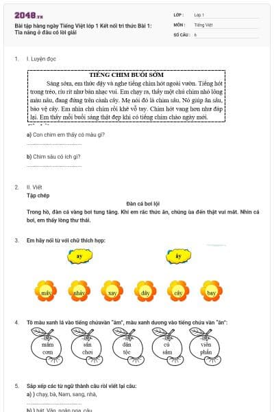 Bài tập hàng ngày Tiếng Việt lớp 1 Kết nối tri thức Bài 1: Tia nắng ở đâu có lời giải