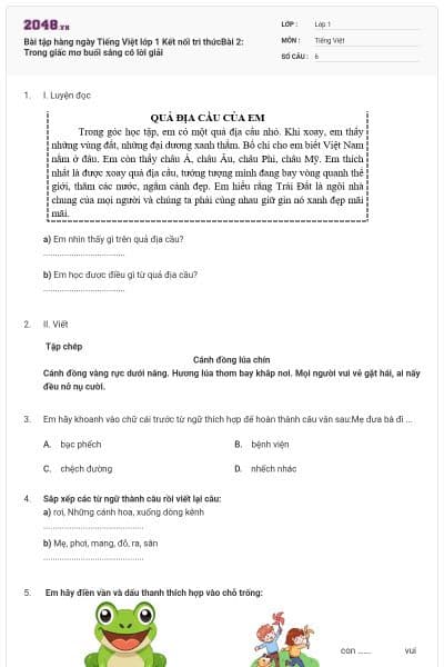 Bài tập hàng ngày Tiếng Việt lớp 1 Kết nối tri thứcBài 2: Trong giấc mơ buổi sáng có lời giải