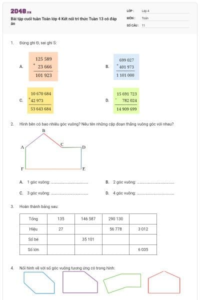 Bài tập cuối tuần Toán lớp 4 Kết nối tri thức Tuần 13 có đáp án