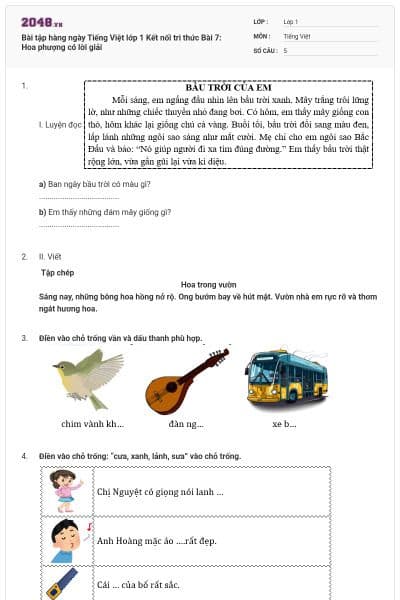 Bài tập hàng ngày Tiếng Việt lớp 1 Kết nối tri thức Bài 7: Hoa phượng có lời giải