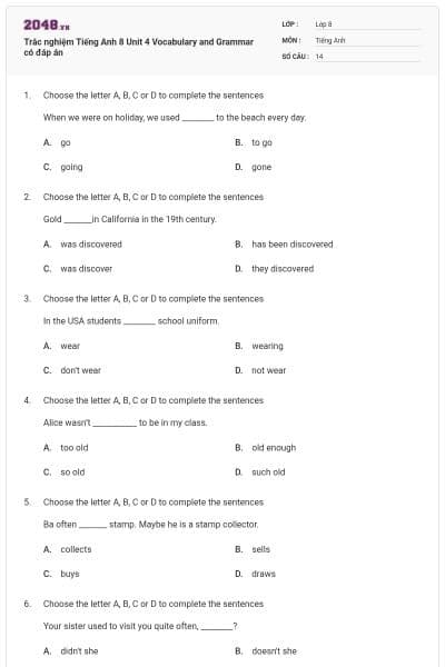 Trắc nghiệm Tiếng Anh 8 Unit 4 Vocabulary and Grammar có đáp án